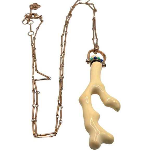 Porcelain Coral Branch Pendant Necklace Long Gold Chain - Picture 1 of 11